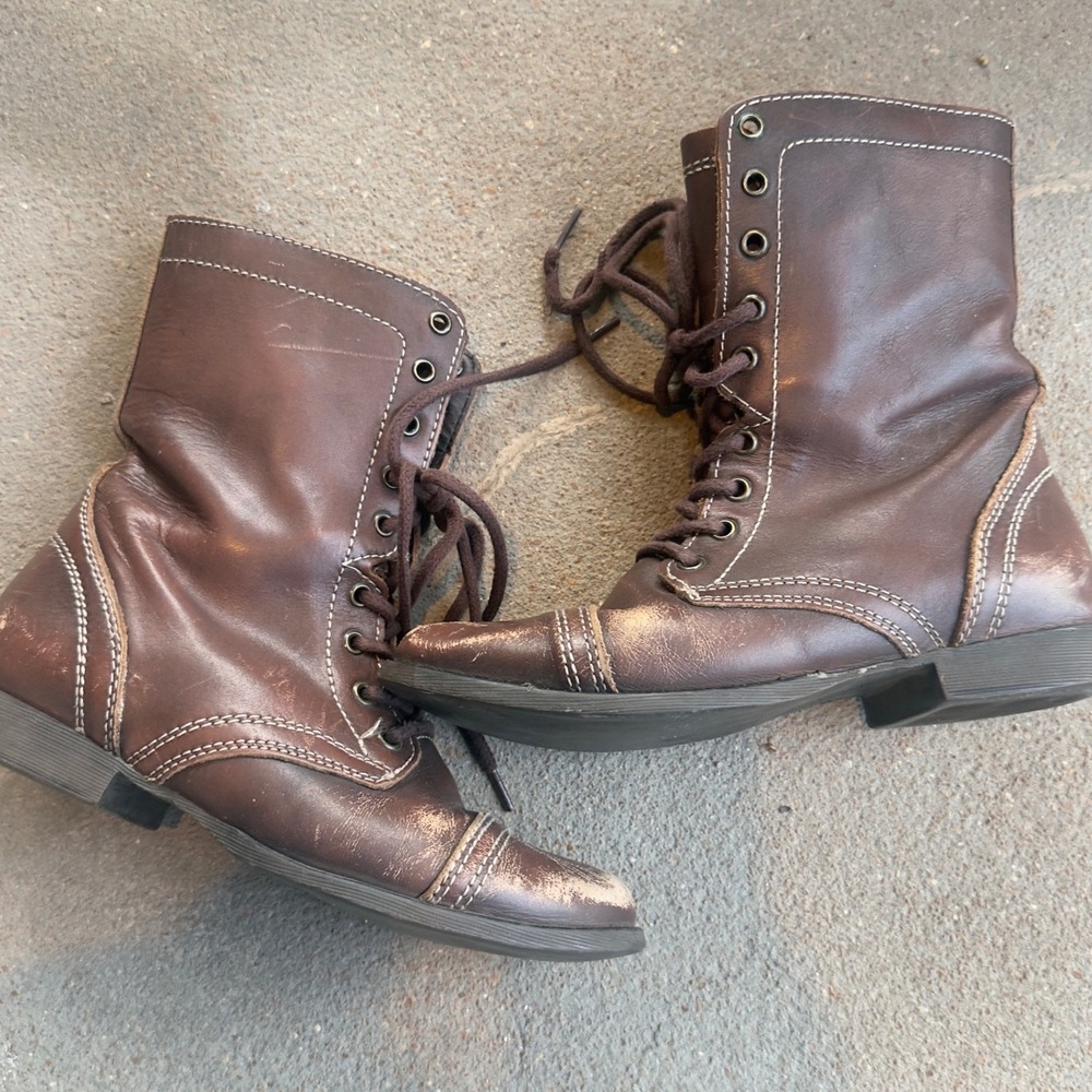 Steve Madden Troopa Brown Leather Combat Boots Lace Up Side Zip Size 8.5M